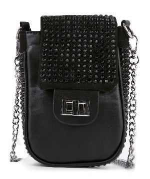 The Decorative Top Flap Cell Phone Crossbody is a small black purse with a beaded flap, silver turn-lock clasp, sleek chain strap, silver-toned hardware, and lined interior—an elegant choice for evenings or formal events.