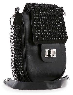 The Decorative Top Flap Cell Phone Crossbody is a black leather bag with a studded flap, silver-tone hardware, a chic chain strap, and a front silver rectangular buckle.