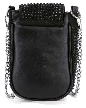 The Decorative Top Flap Cell Phone Crossbody is a small black leather bag with a studded flap, silver-toned hardware, and a sleek silver chain strap.