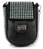 The Decorative Top Flap Cell Phone Crossbody is a small black purse with a silver chain strap, silver-toned hardware, and a flap adorned with rows of shiny rhinestones. It features a lined interior and front turn-lock clasp for function and style.