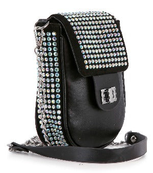 The Decorative Top Flap Cell Phone Crossbody is a small black purse with rows of sparkling rhinestones, silver-toned hardware, a front flap with a silver clasp, and a chic chain strap.