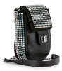 The Decorative Top Flap Cell Phone Crossbody is a small black purse with rows of sparkling rhinestones, silver-toned hardware, a front flap with a silver clasp, and a chic chain strap.