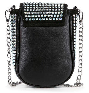 The Decorative Top Flap Cell Phone Crossbody is a small black bag with a chain strap and flap adorned with rows of shiny rhinestones. Featuring silver-toned hardware, it boasts a smooth texture and a compact, elegant design.
