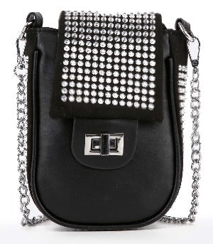 The Decorative Top Flap Cell Phone Crossbody is a small black bag with a studded flap, metal turn-lock clasp, silver-tone hardware, chain strap, and lined interior—blending style and function for your essentials.