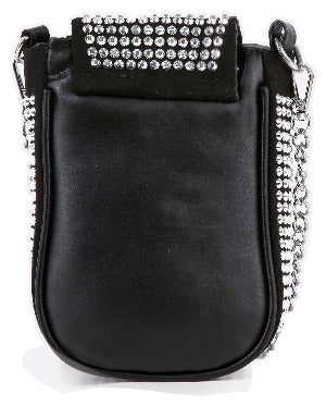The Decorative Top Flap Cell Phone Crossbody is a small black purse with a flap, rows of shiny silver studs, silver-toned hardware, a smooth texture, metallic chain strap, and a neatly lined interior for style and function.