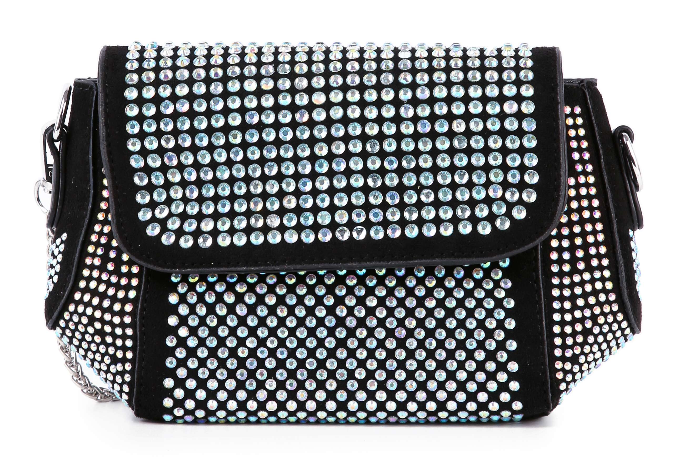 The Rhinestone Covered Petite Chain Accented Shoulder Bag features black faux leather, sparkling rhinestones, silver-tone hardware, a flap closure, and a chain strap, shown against a white background.