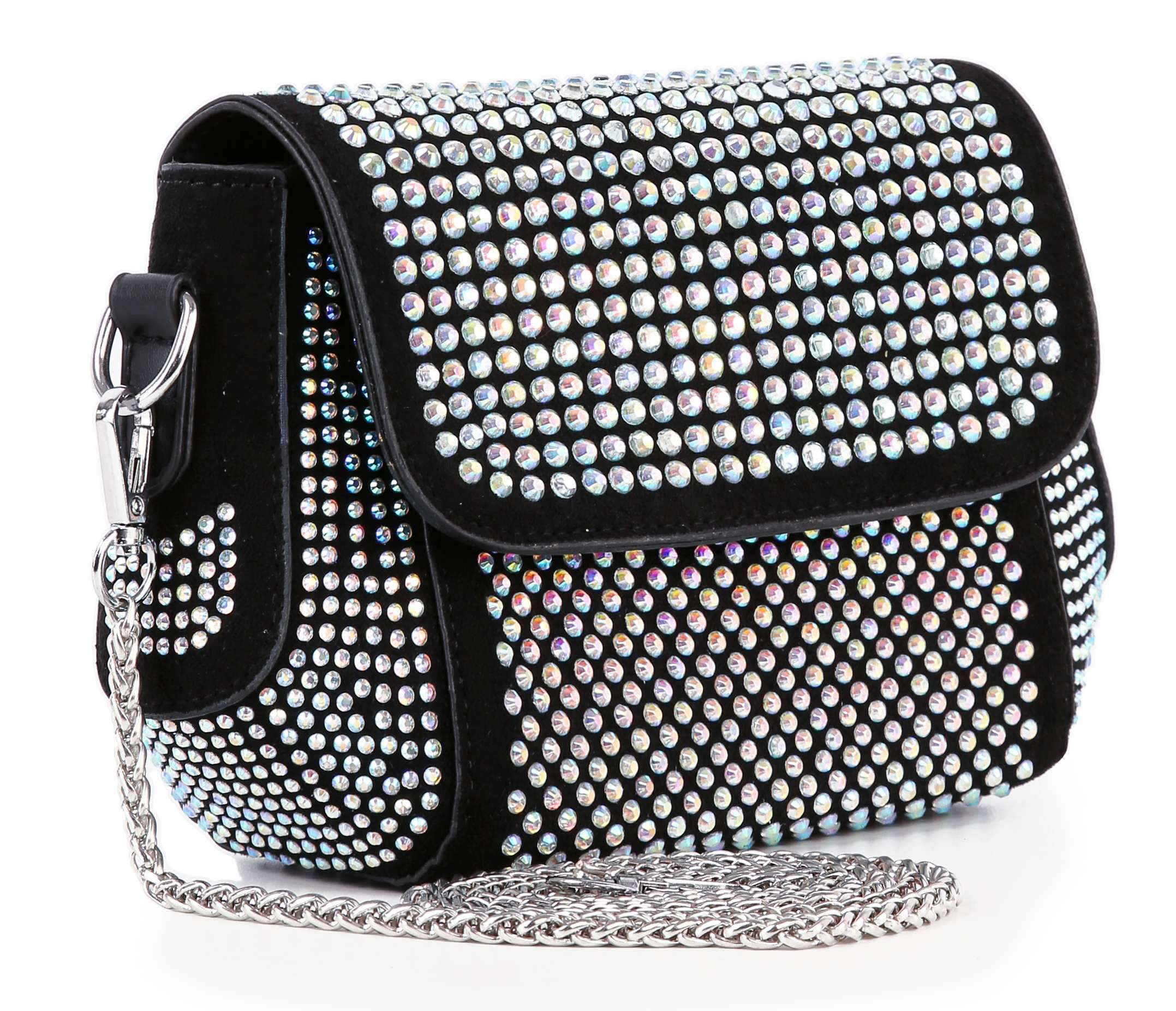 The Rhinestone Covered Petite Chain Accented Shoulder Bag is a small black faux leather bag adorned with round rhinestones, featuring a silver chain strap, silver-tone hardware, and a flap closure.