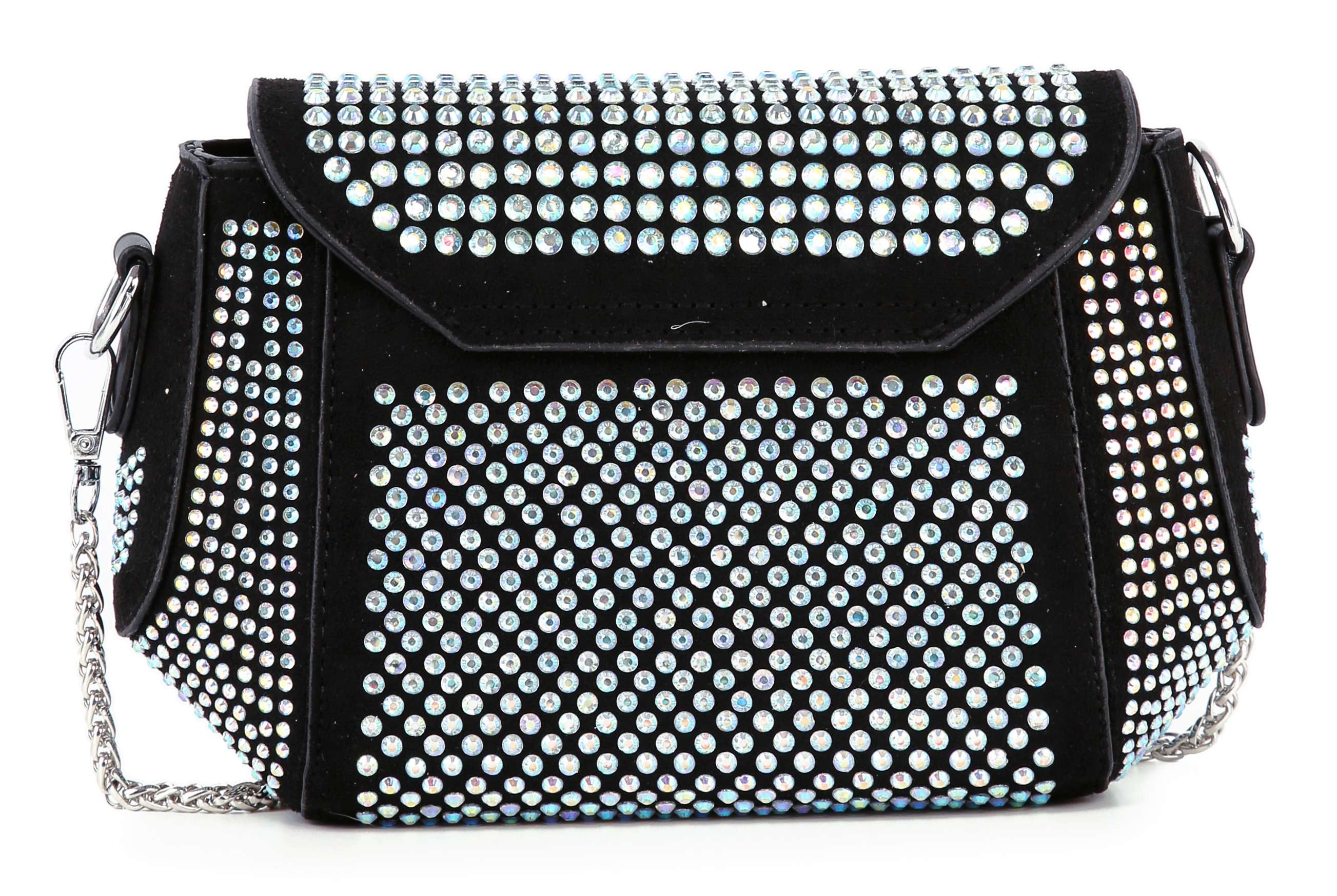 The Rhinestone Covered Petite Chain Accented Shoulder Bag is a black faux leather bag with rhinestones on the front, flap, and sides. It features a silver chain strap and elegant silver-toned hardware for a chic, stylish look.