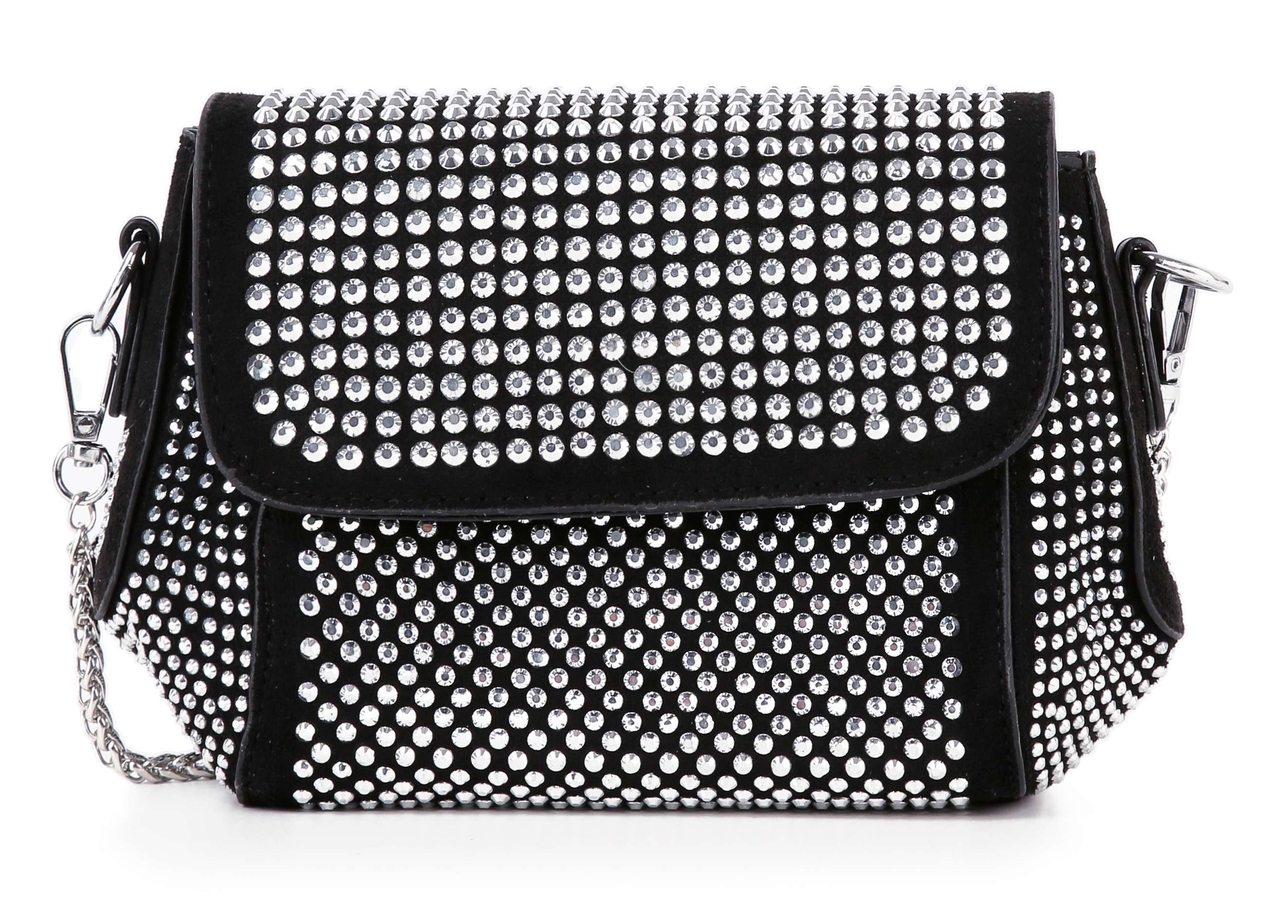 The Rhinestone Covered Petite Chain Accented Shoulder Bag is a black faux leather bag with rows of sparkling silver rhinestones, a front flap, side panels, silver chain strap, and elegant silver-toned hardware.
