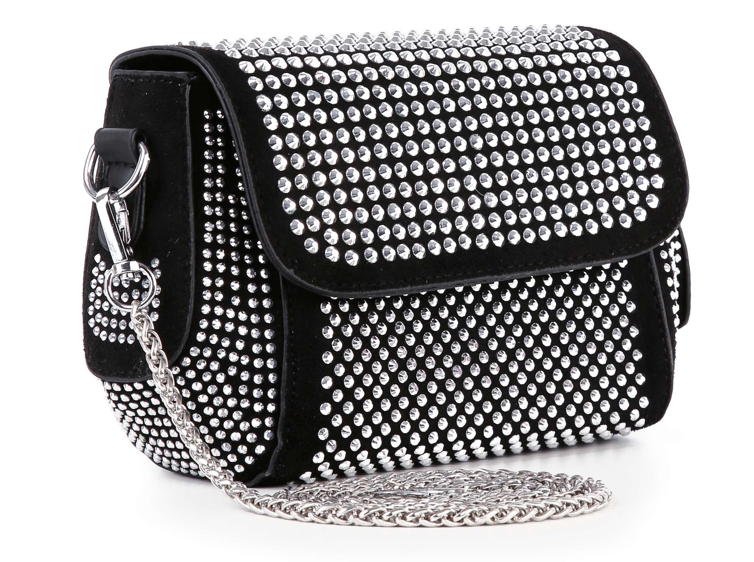 The Rhinestone Covered Petite Chain Accented Shoulder Bag is a small black faux leather bag featuring rows of rhinestones, a silver chain strap, flap closure, and sleek silver-tone hardware for a polished, modern look.