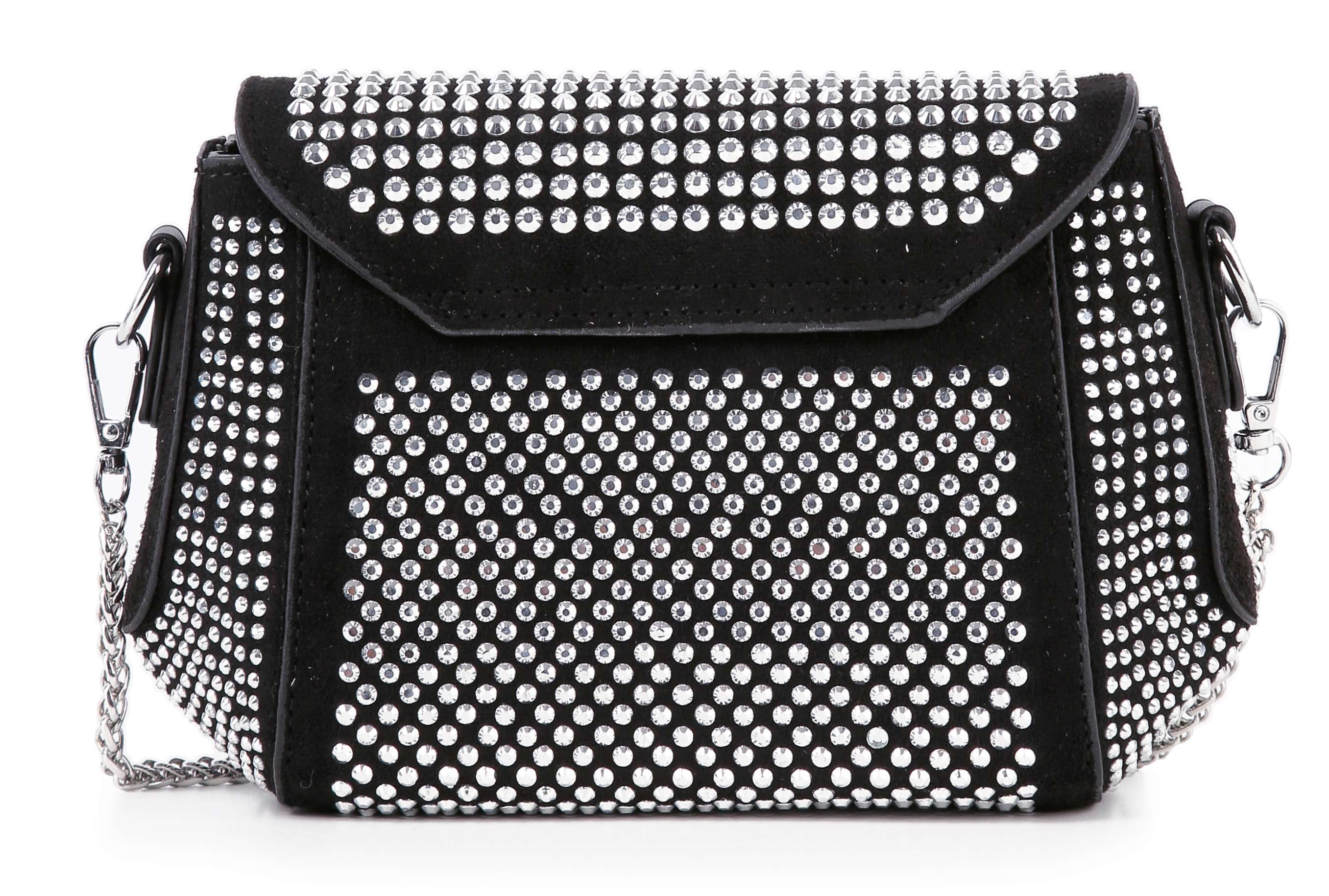The Rhinestone Covered Petite Chain Accented Shoulder Bag is a black faux leather bag embellished with sparkling rhinestones and features a flap closure plus a chic silver-toned chain shoulder strap.