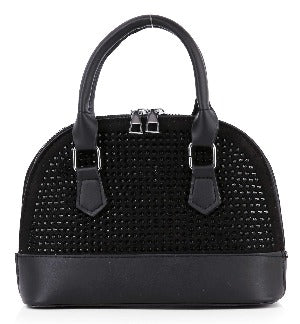 The Sparkling Rhinestone Accented Petite Satchel is a black faux leather handbag with a structured dome shape, double handles, silver hardware, a grid-textured front panel, smooth black base, and detachable strap for versatile carrying.