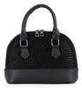 The Sparkling Rhinestone Accented Petite Satchel is a black faux leather handbag with a structured dome shape, double handles, silver hardware, a grid-textured front panel, smooth black base, and detachable strap for versatile carrying.