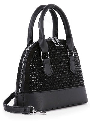 The Sparkling Rhinestone Accented Petite Satchel is a small black dome-shaped faux leather bag with double handles, a detachable strap, sparkling rhinestone accents on the front, and a secure top zipper closure.