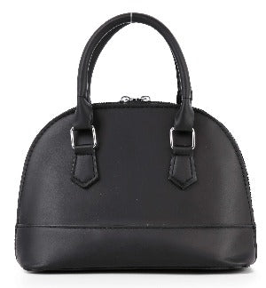 The Sparkling Rhinestone Accented Petite Satchel is a small, black, dome-shaped faux leather bag with double handles and silver hardware, shown against a white background.