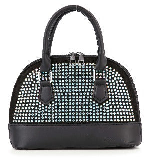 The Sparkling Rhinestone Accented Petite Satchel features black faux leather, double handles, silver hardware, a rhinestone-studded front panel, top zip closure, and a detachable strap for versatile carrying.