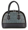 The Sparkling Rhinestone Accented Petite Satchel features black faux leather, double handles, silver hardware, a rhinestone-studded front panel, top zip closure, and a detachable strap for versatile carrying.