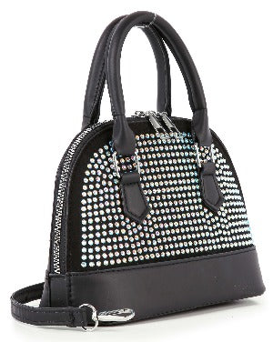 The Sparkling Rhinestone Accented Petite Satchel is a black faux leather bag featuring double handles, a detachable shoulder strap, and a shimmering front panel embellished with rows of reflective rhinestones.