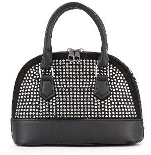 The Sparkling Rhinestone Accented Petite Satchel is a black faux leather handbag with double handles, a silver zipper, and rows of sparkling rhinestones on the front. Smooth black handles and bottom provide a stylish finish.