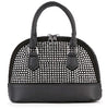 The Sparkling Rhinestone Accented Petite Satchel is a black faux leather handbag with double handles, a silver zipper, and rows of sparkling rhinestones on the front. Smooth black handles and bottom provide a stylish finish.