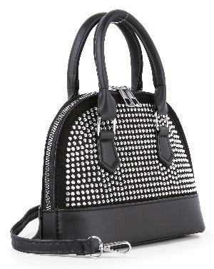 The Sparkling Rhinestone Accented Petite Satchel is a small black faux leather bag with double handles, a detachable strap, rounded top, and front rows of silver studs for a stylish, eye-catching appearance.