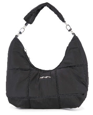 The Stylish Quilted Nylon Hobo Handbag is a black, crescent-shaped bag with a padded quilted texture, detachable single strap, silver-toned hardware, metal clips, and a small metallic logo on the front.