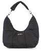 The Stylish Quilted Nylon Hobo Handbag is a black, crescent-shaped bag with a padded quilted texture, detachable single strap, silver-toned hardware, metal clips, and a small metallic logo on the front.
