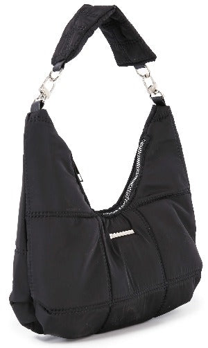 The Stylish Quilted Nylon Hobo Handbag features a short padded strap, silver-tone hardware, a zippered main compartment, a soft slouchy shape, and visible stitching details.