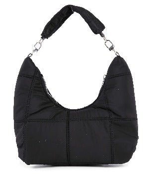 The Stylish Quilted Nylon Hobo Handbag is black and crescent-shaped, featuring a thick padded single strap, visible stitching details, and silver-toned hardware attaching the strap to the main body.