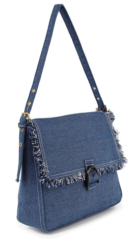 Distressed  Denim Fringe Trim Shoulder Bag