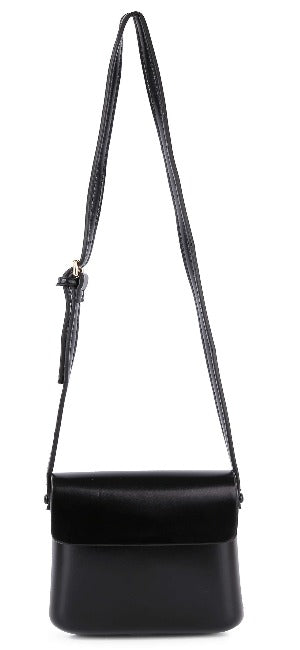 The Classic Front Flap Cell Phone Crossbody Bag is a petite black leather bag with a long adjustable strap, flap closure, and gold-toned hardware, shown against a white background.