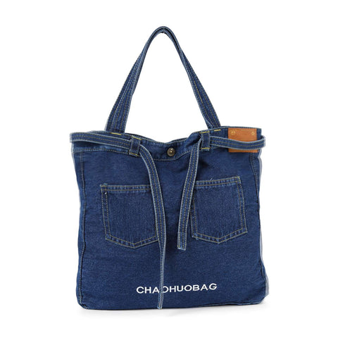 Denim Front Pocket Large Tote Handbag