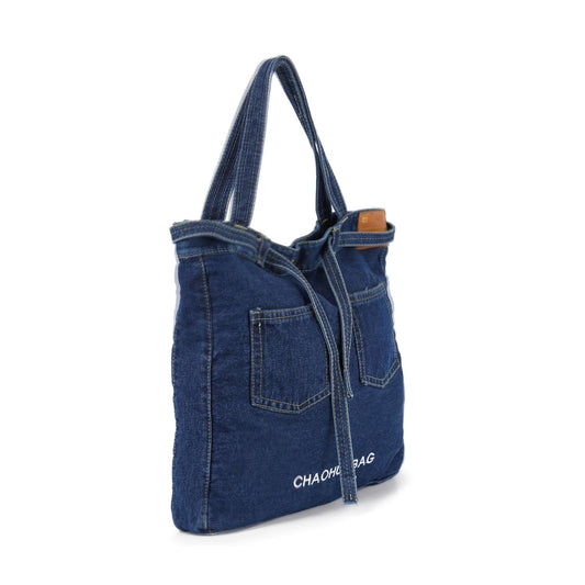 Denim Front Pocket Large Tote Handbag