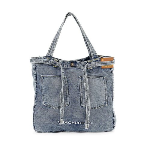 Denim Front Pocket Large Tote Handbag