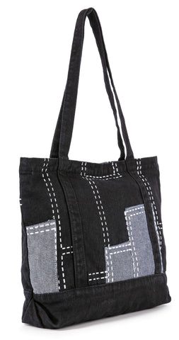 Stitched Patchwork Denim Tote Handbag