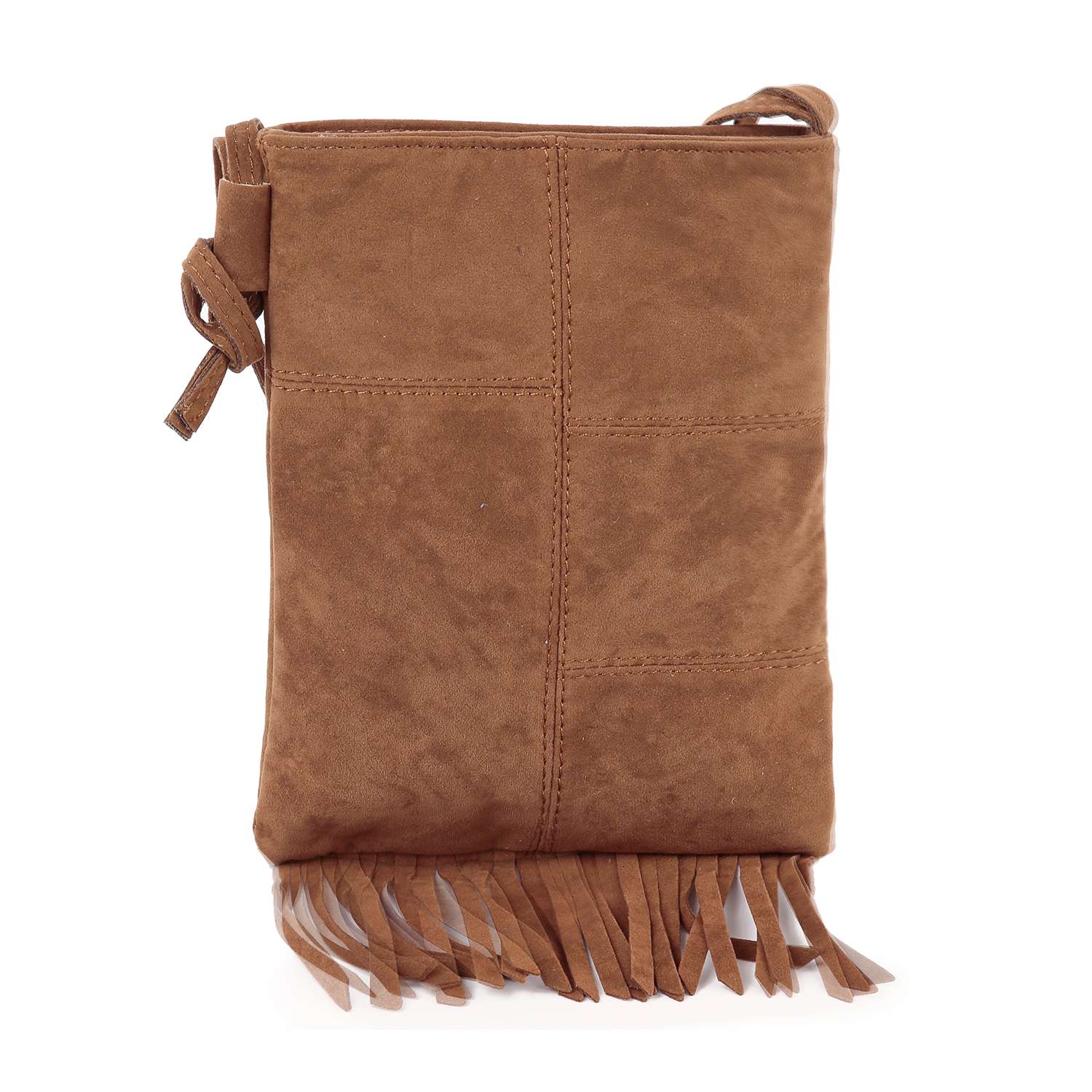 The Sueded Fringe Crossbody Sling is a brown sueded bag featuring a stitched grid pattern, side bow detail, and western fringe tassels along the bottom edge.