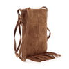The Sueded Fringe Crossbody Sling features patchwork stitching, a long strap, and western fringe at the bottom, shown in brown on a white background.