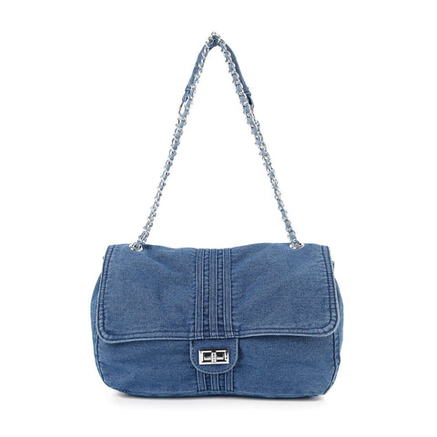 Chain Accented Front Flap Denim Shoulder Bag