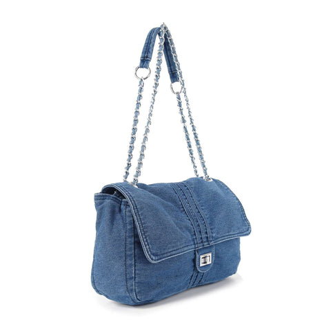 Chain Accented Front Flap Denim Shoulder Bag