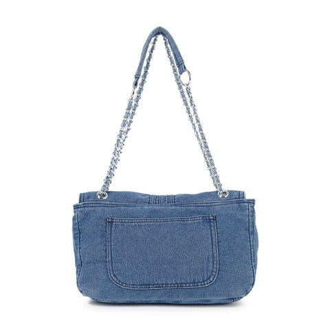 Chain Accented Front Flap Denim Shoulder Bag