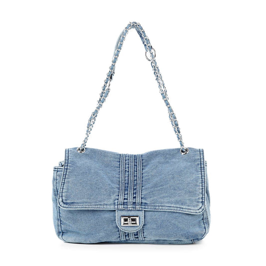 Chain Accented Front Flap Denim Shoulder Bag