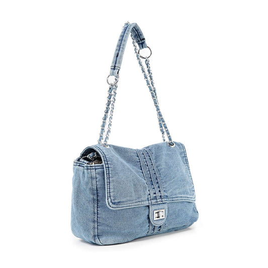 Chain Accented Front Flap Denim Shoulder Bag