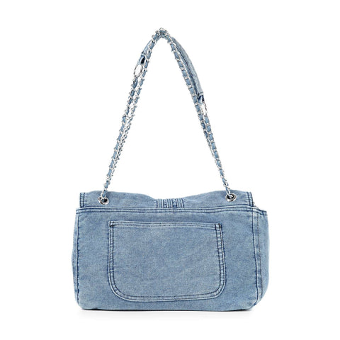 Chain Accented Front Flap Denim Shoulder Bag