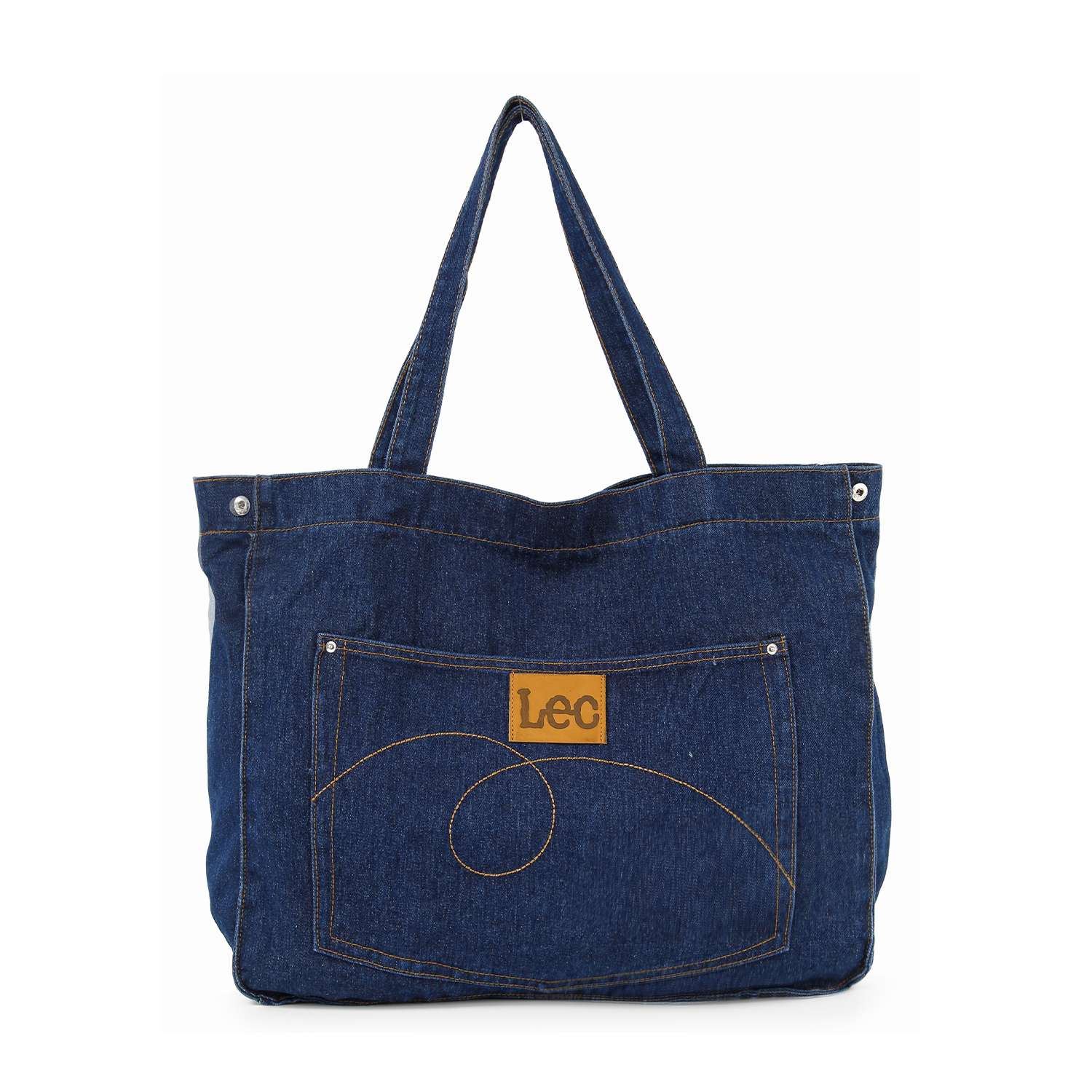 The Front Pocket Large Denim Tote is a dark blue, double-handle bag with tan abstract-stitched front pocket, brown Lec patch, silver rivet accents, and is tablet compatible for modern style and function.