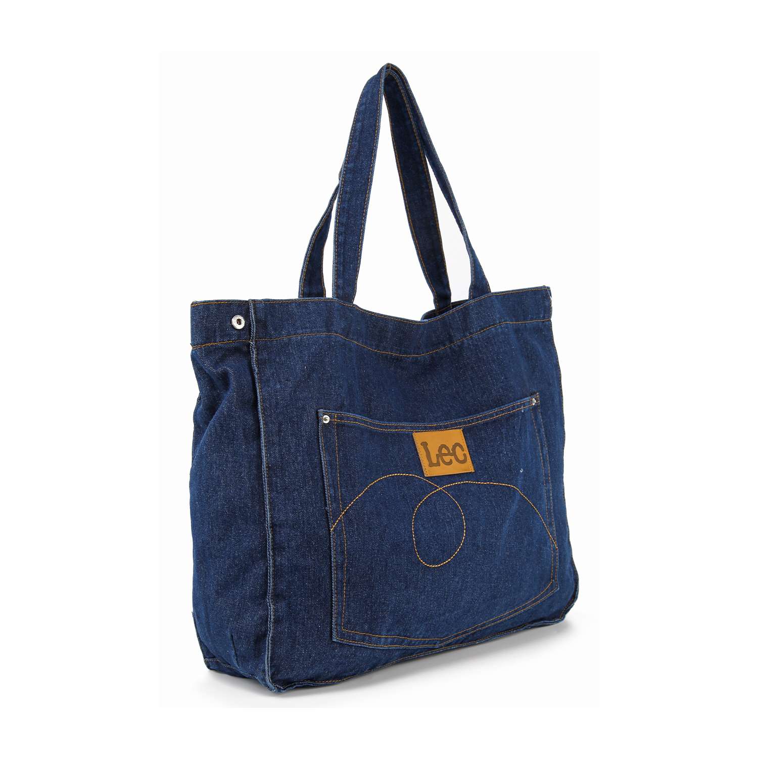 The Front Pocket Large Denim Tote features dark blue denim, double handles, a front patch pocket, orange stitching, and a tan LeeC leather patch. This tablet-compatible bag is displayed against a white background.