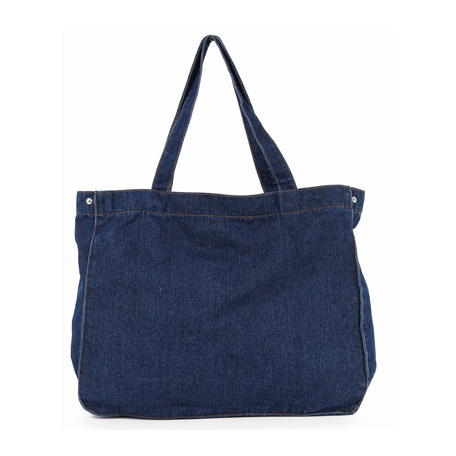 The Front Pocket Large Denim Tote is a spacious, plain denim bag with double handles and visible stitching, designed for tablets. Displayed against a white background.