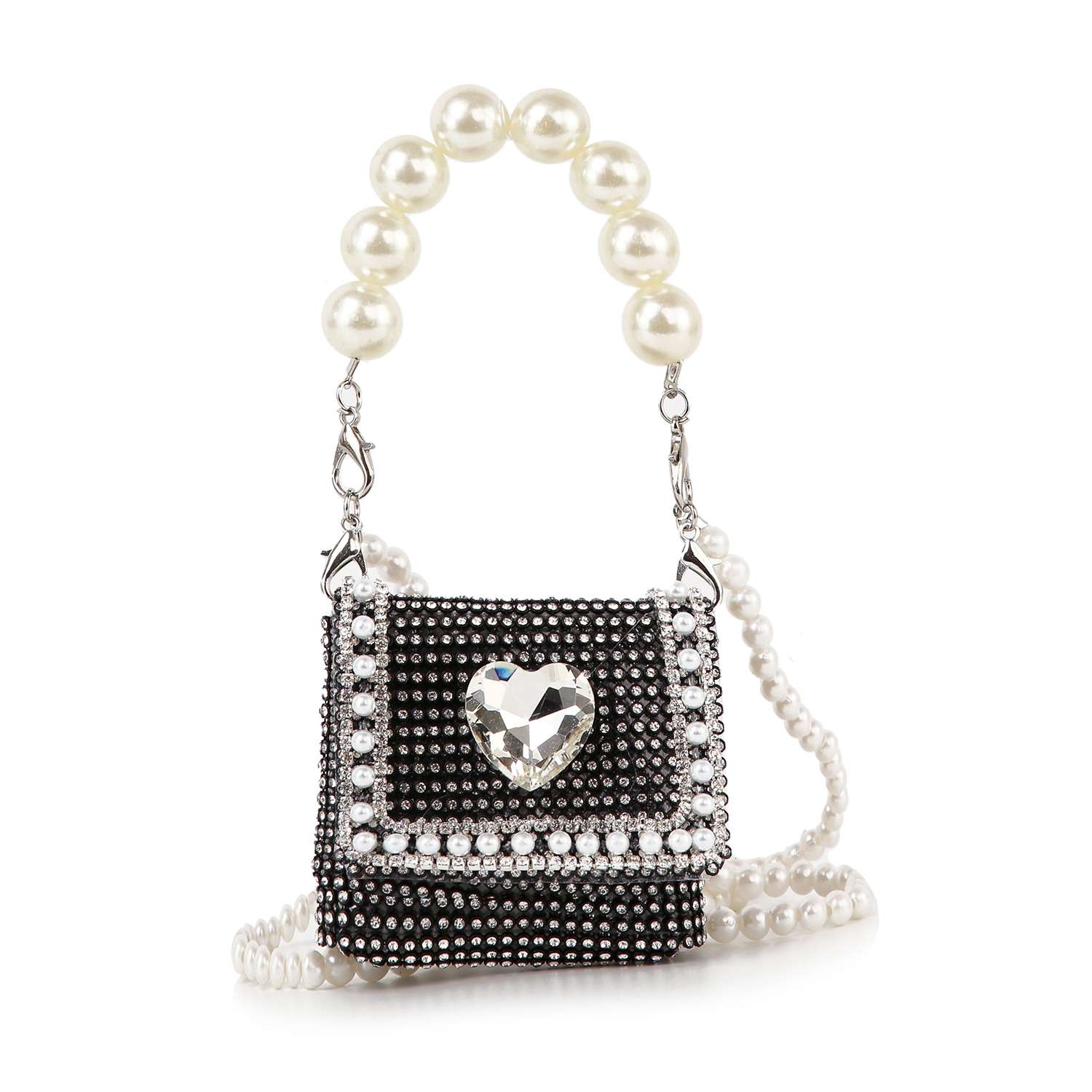 The Pearl And Rhinestone Accented Ultra Petite Evening Bag is a small black faux leather clutch featuring rhinestones, a heart-shaped front gem, and an elegant pearl beaded handle.