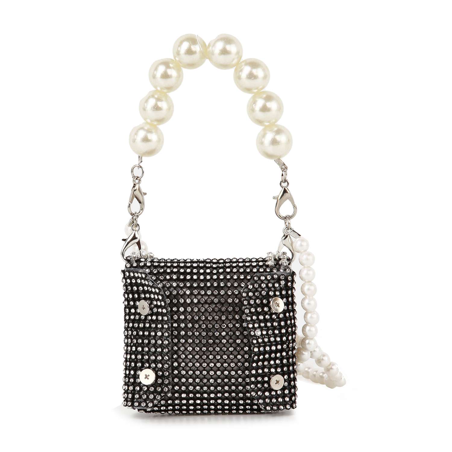 The Pearl And Rhinestone Accented Ultra Petite Evening Bag features black and silver rhinestones, a pearl beaded handle, and a side strap of smaller pearls—perfect for adding chic sparkle to any outfit.