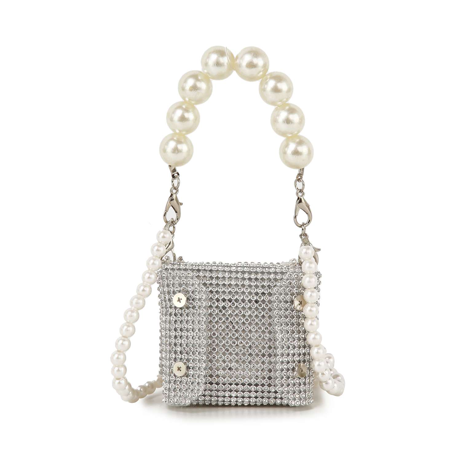 The Pearl And Rhinestone Accented Ultra Petite Evening Bag is a sparkly silver square handbag with rhinestones and a pearl beaded handle, plus a crossbody strap of faux pearls—an ultra-glam accessory to elevate any outfit.