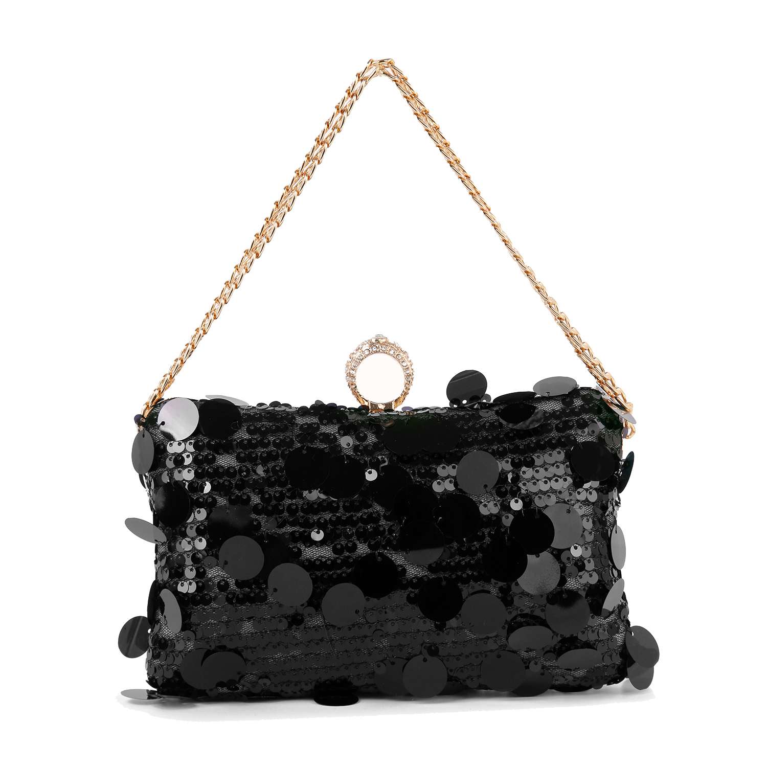 The Sequin Design Evening Bag features large shiny black discs, a gold chain strap, and a jeweled circular clasp—an elegant choice for evening events.